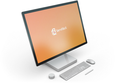 Render en 3D de una computadora Microsoft Surface desplegando el logo de Servifácil
